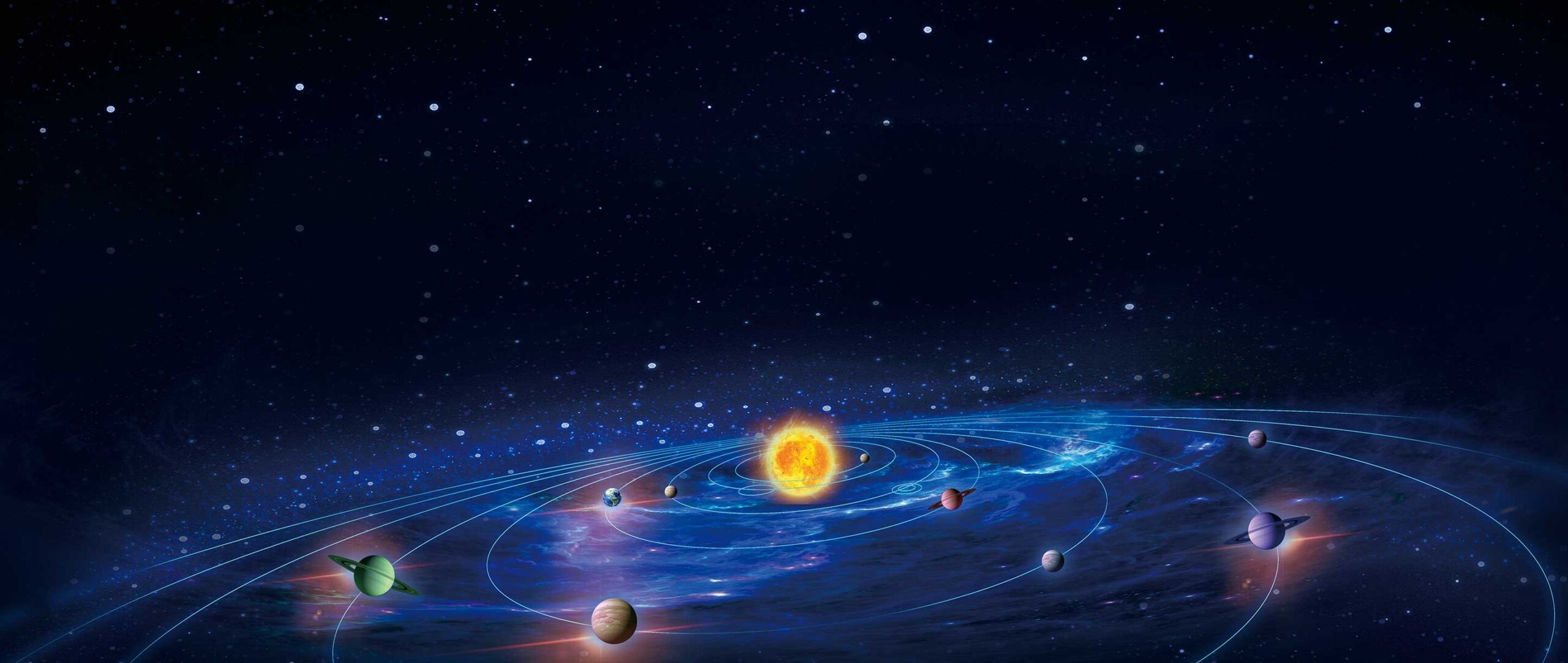 Digital illustration of the solar system with the sun glowing at the center, surrounded by planets orbiting in elliptical paths, against a deep space backdrop filled with stars and galaxies.