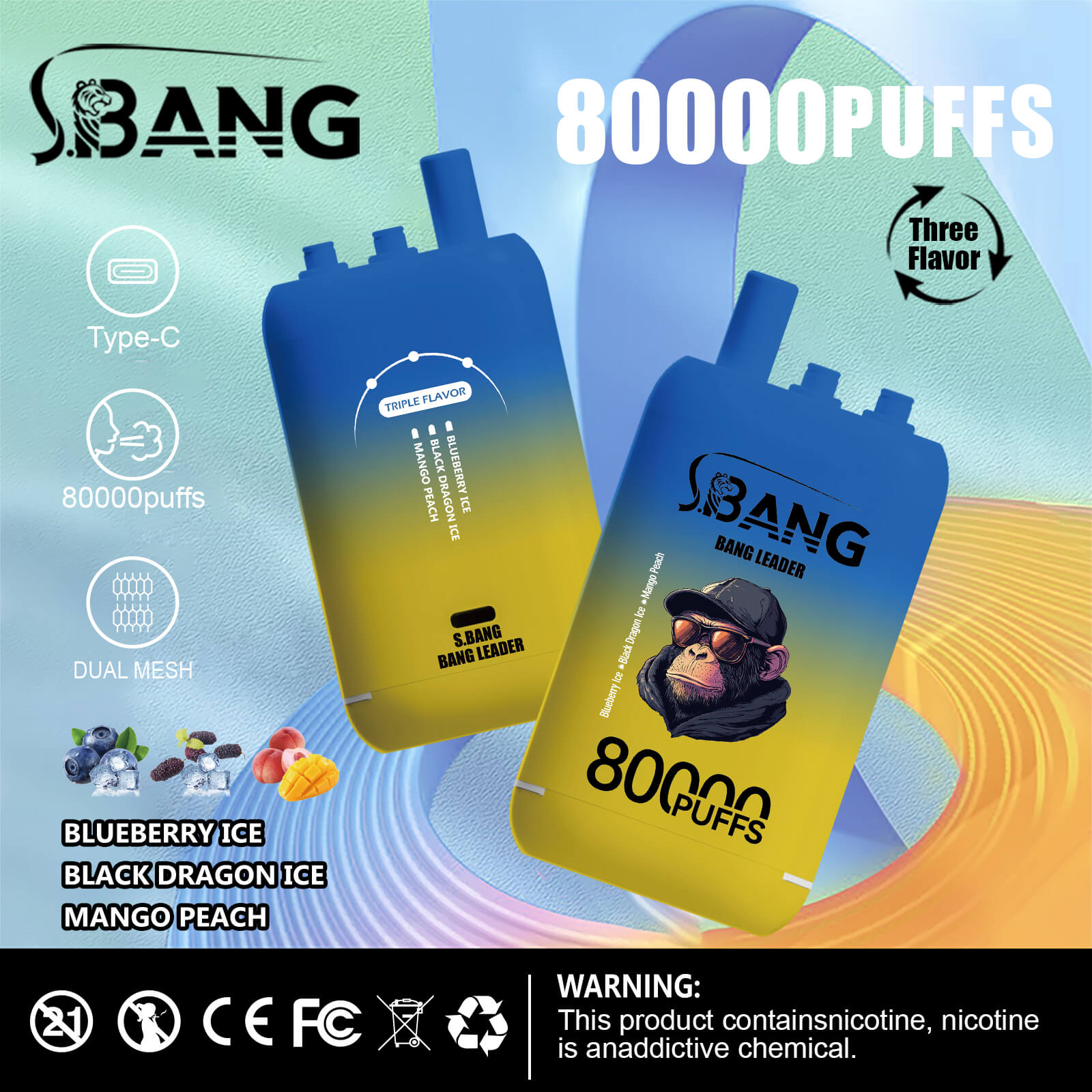 Two gradient blue and yellow disposable vaping devices labeled 'S.BANG BANG LEADER' with monkey wearing sunglasses graphic, advertised with features including Type-C charging, 80,000 puffs, dual mesh, and three flavors: blueberry ice, black dragon ice, and mango peach