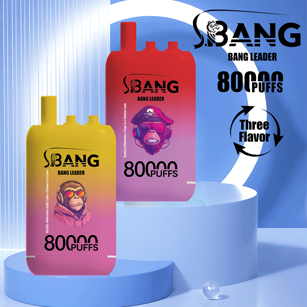 Two rectangular disposable vape devices with monkey graphics, one yellow-to-pink gradient and one red-to-pink gradient, labeled "Bang Leader" with 80,000 puffs, displayed on blue geometric podiums against a blue and white circular backdrop with text indicating "Bang Leader 80,000 Puffs" and "Three Flavor" with circular arrows.
