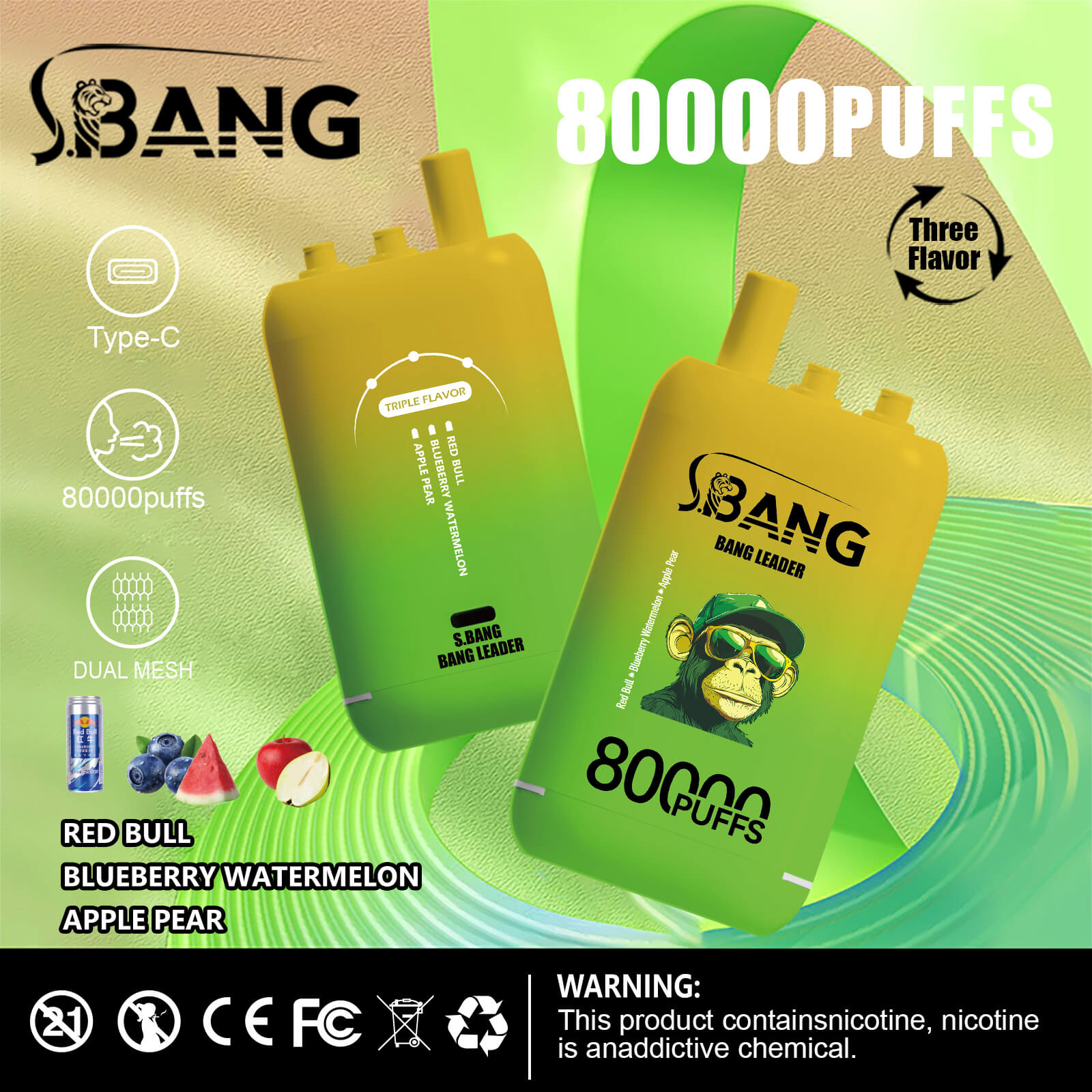 Two yellow and green gradient disposable vape devices labeled BANG with features listed including type-C charging, 80000 puffs, dual mesh, triple flavor options of red bull, blueberry watermelon, and apple pear, and a warning about nicotine addiction.