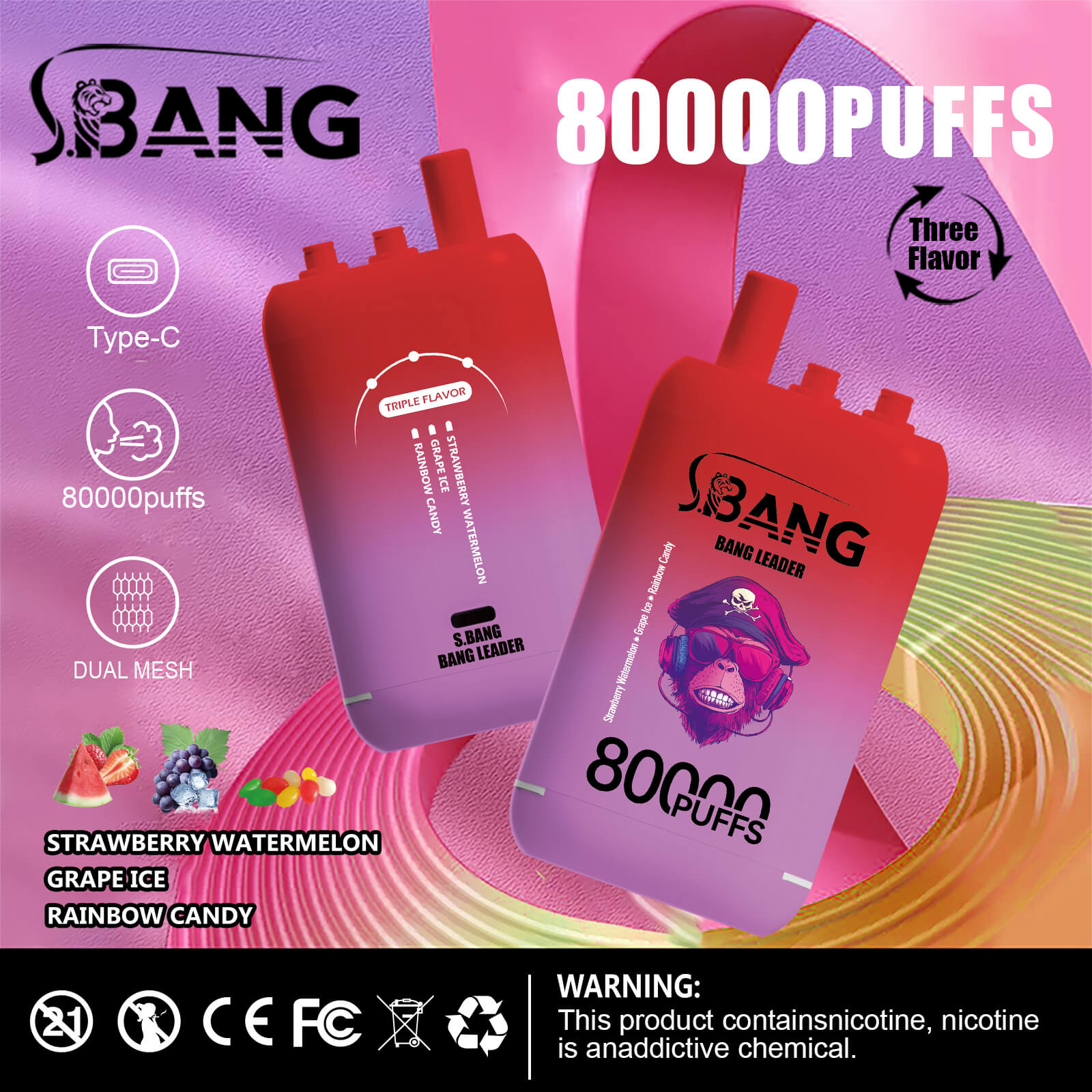 Two red gradient disposable vape devices labeled 'S.BANG Bang Leader' with an illustration of a pirate monkey wearing sunglasses and a bandana, advertising 80,000 puffs and triple flavors: strawberry watermelon, grape ice, and rainbow candy, on a pink and purple abstract background with product features listed on the left.