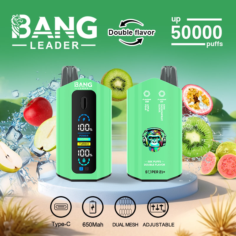 Bang Leader vape device shown front and back with green casing, digital display and tropical fruit flavors including kiwi, passion fruit, and apple, highlighting double flavor and up to 50,000 puffs, with features Type-C charging, 650mAh battery, dual mesh coil, and adjustable wattage.