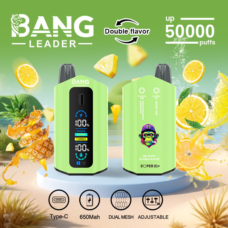 Two green BANG LEADER vaping devices with digital display, surrounded by splashing pineapple and lemon slices on a green background, highlighting double flavor and up to 50,000 puffs, with icons for Type-C charging, 650mAh battery, dual mesh, and adjustable settings.