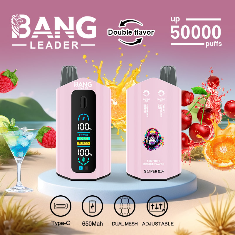 Two pink BANG LEADER vape devices on a blue circular platform with tropical background, showing up to 50,000 puffs, double flavor, and features like Type-C charging, 650mAh battery, dual mesh, and adjustable settings, surrounded by splashes of raspberry, cherry, and orange.