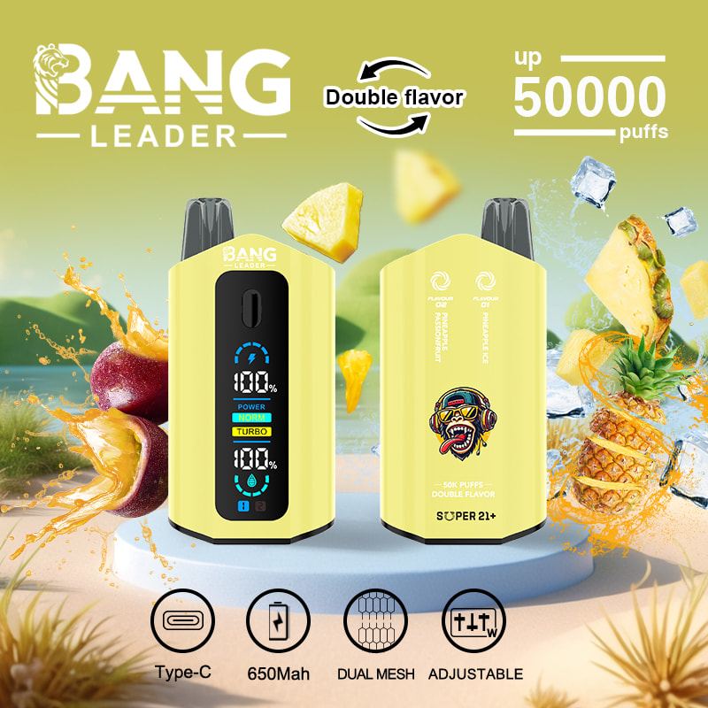 Two yellow Bang Leader vaping devices with digital display and pineapple ice and passionfruit flavors, surrounded by splashes of pineapple and passionfruit on a green background, highlighting features like double flavor, 50,000 puffs, Type-C charging, 650mAh battery, dual mesh, and adjustable settings.