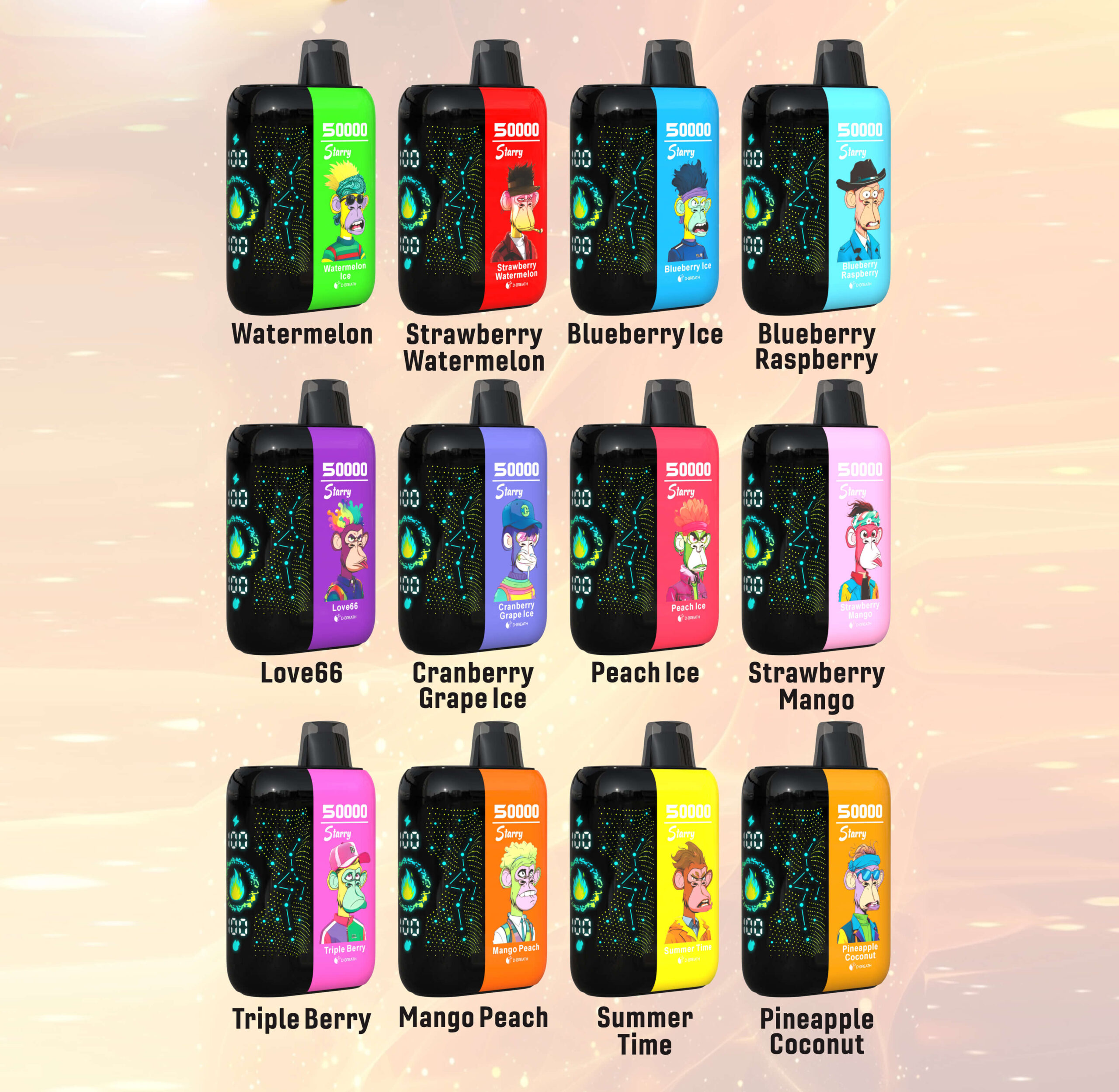 Twelve colorful disposable vape devices arranged in three rows, each with unique cartoon animal artwork and flavor labels including Watermelon, Strawberry Watermelon, Blueberry Ice, Blueberry Raspberry, Love66, Cranberry Grape Ice, Peach Ice, Strawberry Mango, Triple Berry, Mango Peach, Summer Time, and Pineapple Coconut, each marked with '50000' puffs and 'Starry'.