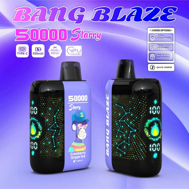 Two black and purple Bang Blaze 50000 Starry disposable vape devices with illuminated blue digital displays and a cartoon monkey wearing a blue cap, set against a blue and purple background with product features text above.