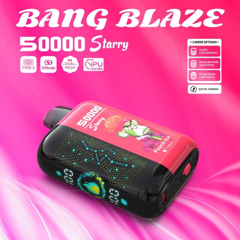Bang Blaze 50000 Starry Peach Ice disposable vape device with red and black body and digital display on the side, advertised with Type-C charging, 550mAh battery, dual mesh coils, VPU inside, and three mode options including childproof close, regular mode (25K puffs), and pulse mode (15K puffs) on a pink background.