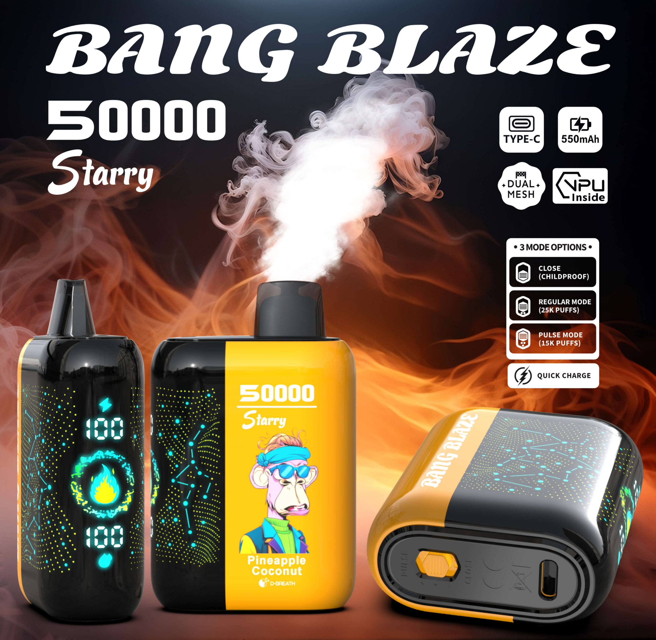 Three BANG BLAZE 50000 Starry vape devices, one black with blue glowing flame and numeric display, one yellow and black with a cartoon pineapple coconut monkey illustration, and one showing the bottom with a push switch and Type-C charging port, all set against a smoky fiery background with text describing features like Type-C, 550mAh, dual mesh, NPU inside, three mode options, and quick charge.
