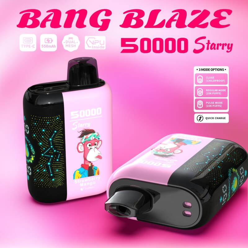 Two pink and black Bang Blaze 50000 Starry disposable vape devices with a cartoon monkey in a colorful jacket on the pink side and star constellation graphics on the black side, shown against a pink background with text highlighting features like Type-C charging, 550mAh battery, dual mesh coil, 3 mode options, and quick charge capability.