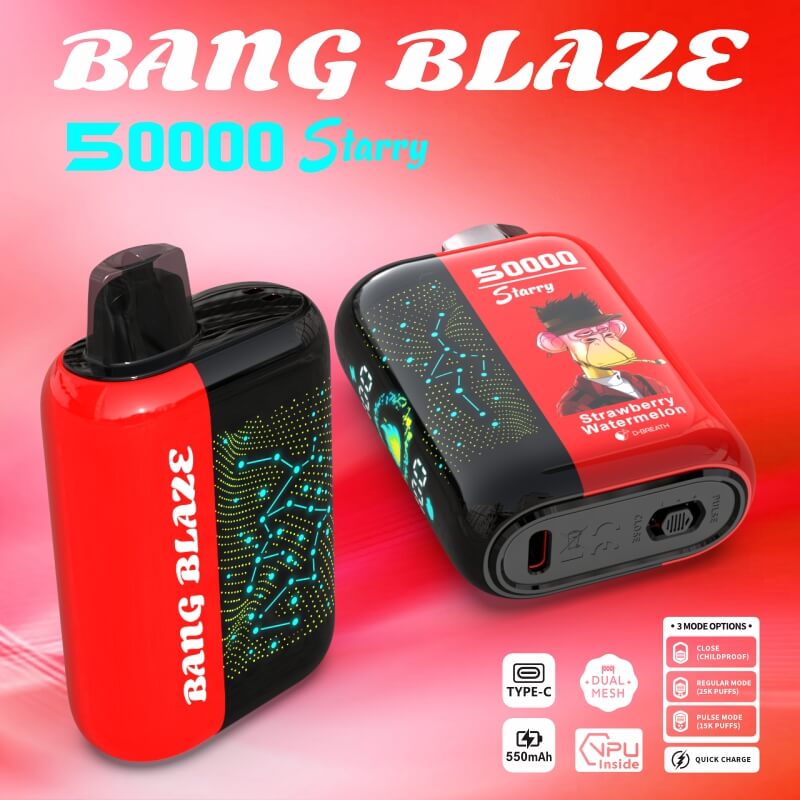Two Bang Blaze vaping devices in red and black with constellation patterns and a cartoon monkey illustration labeled Strawberry Watermelon flavor, displayed on a red background with text highlighting 50000 puffs, type-C charging, 550mAh battery, and three mode options.