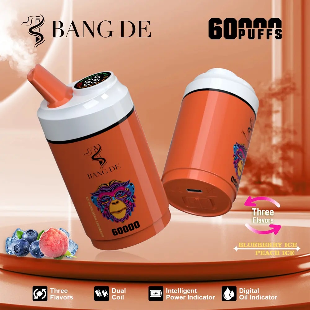 Two orange disposable vape devices with white tops and digital displays, branded with BANG DE, advertised for 60,000 puffs and available in three flavors including blueberry ice and peach ice, with images of blueberries and peaches beside them.