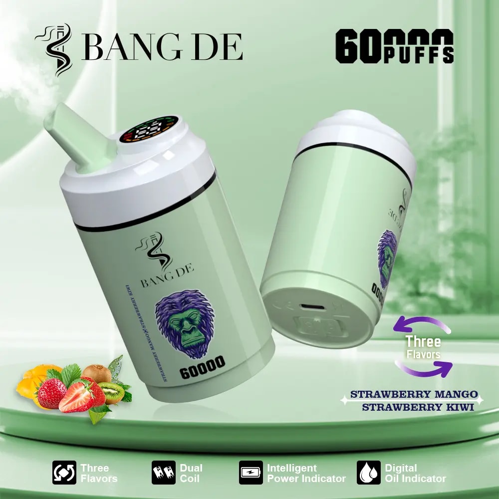 Two light green Bang De vaping devices with a gorilla head logo, labeled for 60,000 puffs, emitting vapor, surrounded by illustrations of strawberries, mangoes, and kiwis to indicate three flavors, with icons showing features like dual coil, intelligent power indicator, and digital oil indicator.
