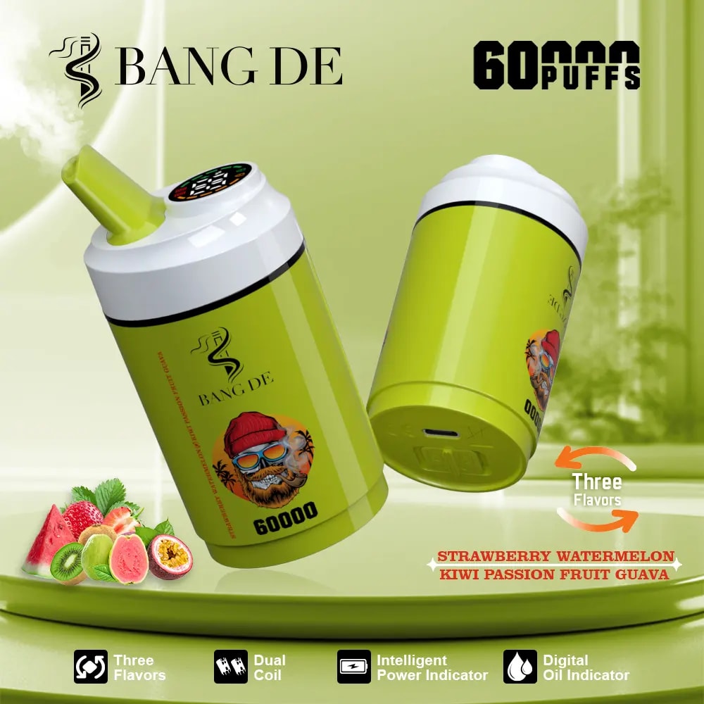 Two green Bang De vape devices with a white top and a digital display, surrounded by images of strawberries, watermelon, kiwi, passion fruit, and guava, promoting 60000 puffs and featuring three flavors, dual coil, intelligent power indicator, and digital oil indicator.