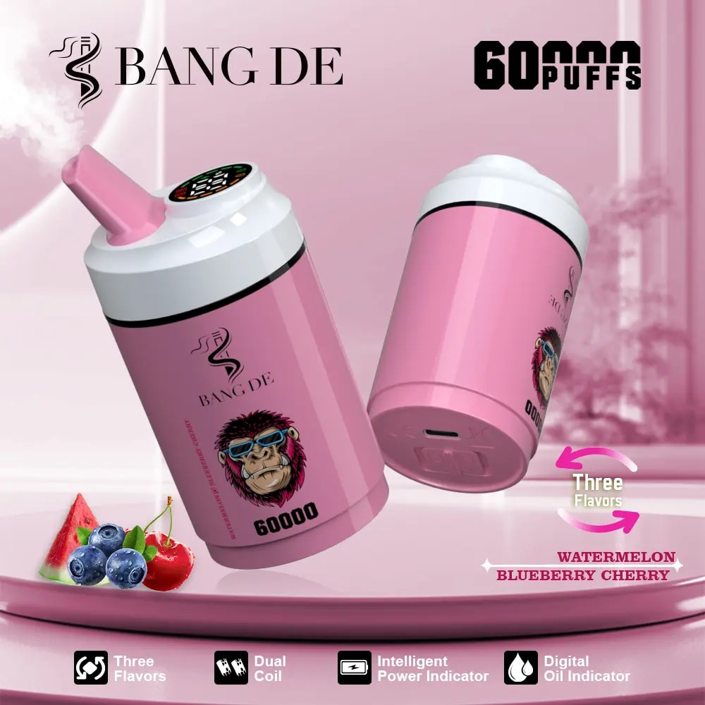 Two pink Bang De vaping devices with a stylized gorilla wearing sunglasses on the label, emitting vapor, showcased with watermelon, blueberries, and cherry to indicate flavors, highlighting 60,000 puffs, three flavors, dual coil, intelligent power indicator, and digital oil indicator features against a pink background.
