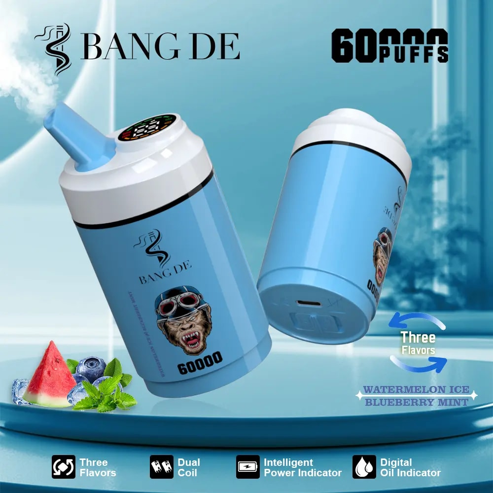 Two light blue cylindrical vaping devices with black and white logos and text, one emitting vapor, placed on a blue circular platform with images of watermelon slice, blueberries, and mint leaves nearby, against a blue gradient background and text indicating 60,000 puffs and three flavors: watermelon ice, blueberry mint.