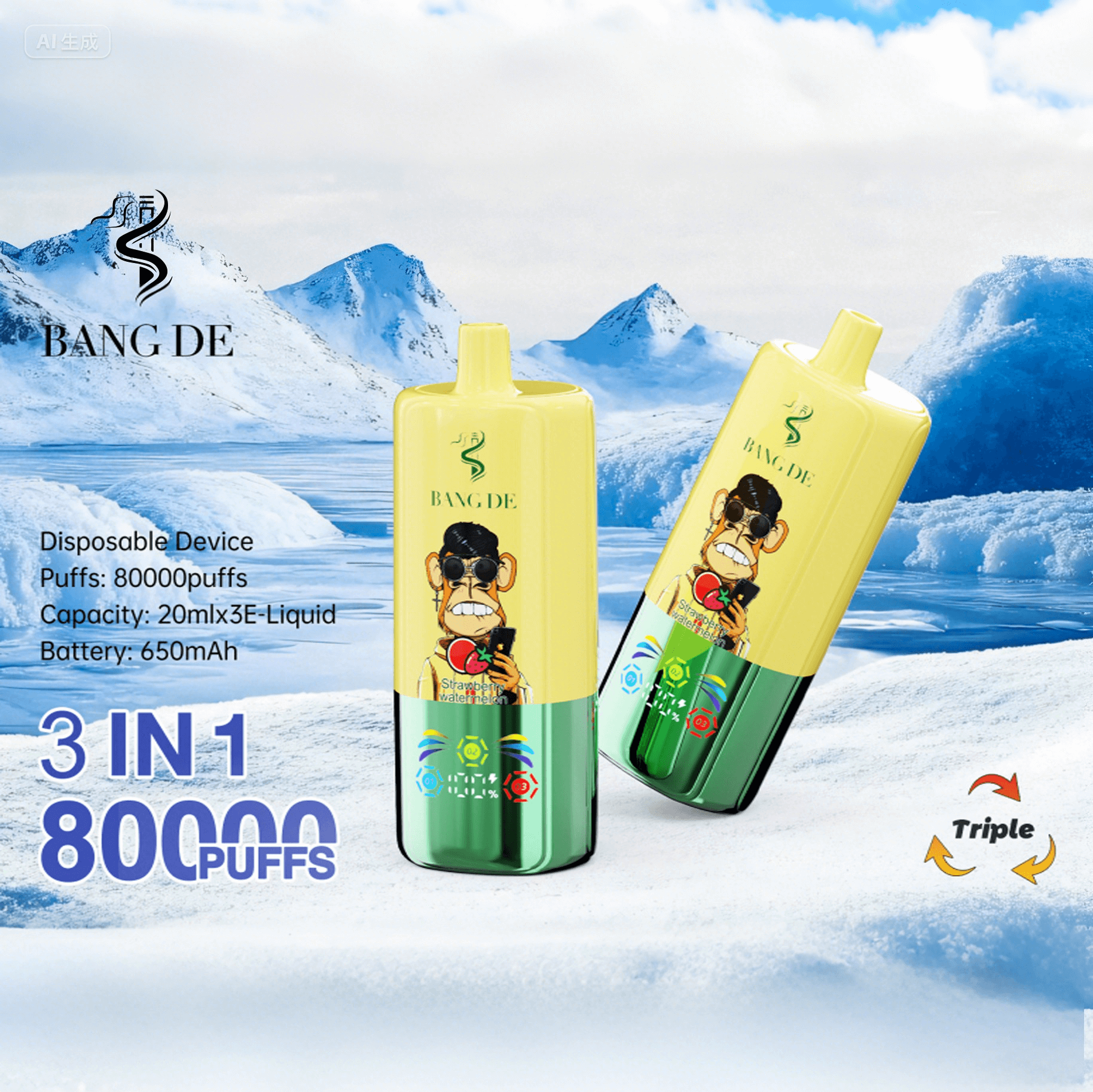 Two yellow and green disposable vape devices with a cartoon ape logo and the brand name BANG DE, displayed against a snowy mountainous background, highlighting features like 80000 puffs, 20ml e-liquid capacity, and 650mAh battery.