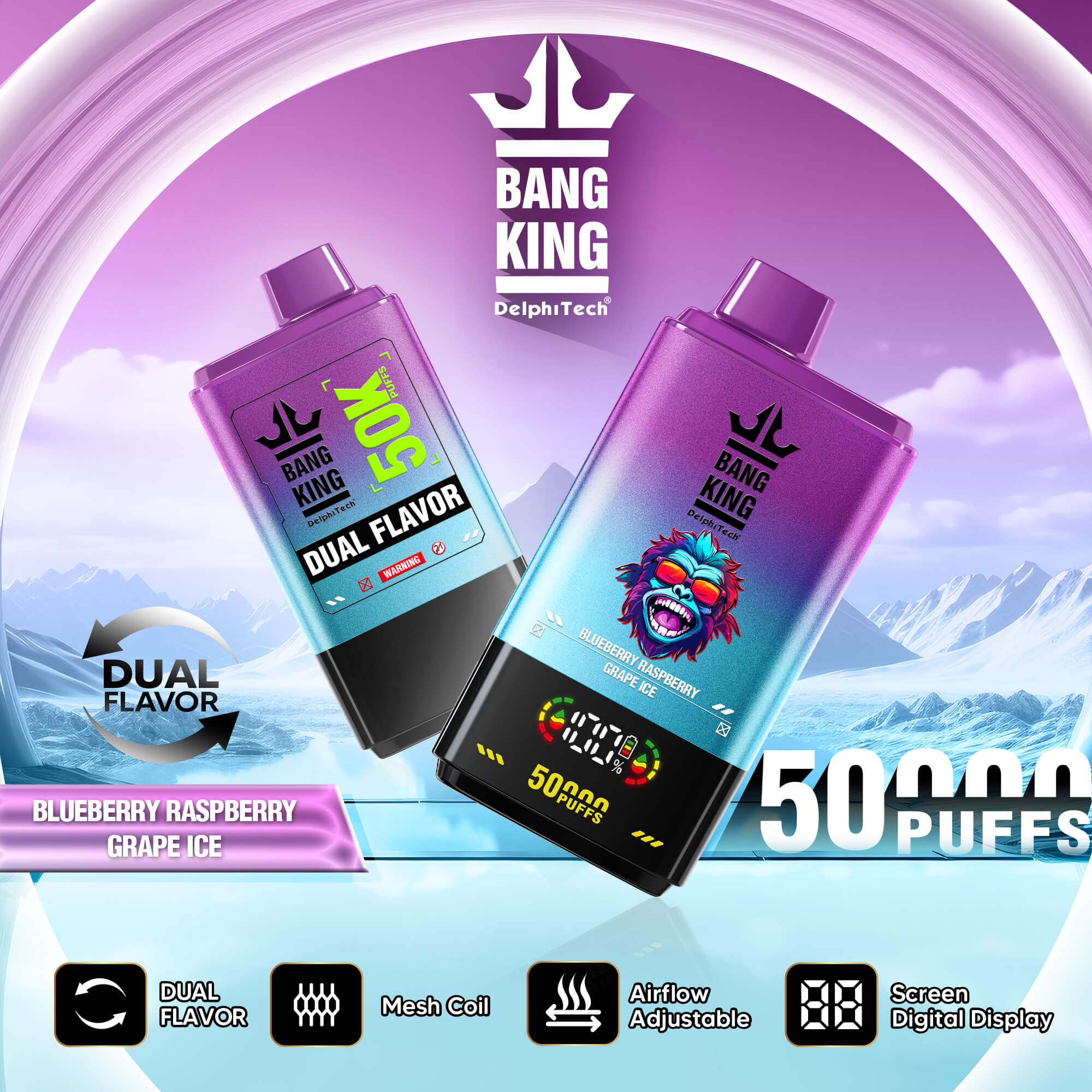 Two purple and blue gradient vape devices labeled Bang King by Delphi Tech, featuring a dual flavor of blueberry raspberry grape ice, with 50,000 puffs and digital display, set against a snowy mountain background with airflow and mesh coil icons.