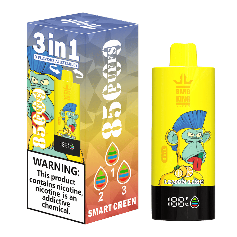 Yellow Bang King Vapen device with cartoon monkey and lemon lime flavor, next to packaging box indicating 3 in 1 adjustable flavors and 85 puffs, with nicotine warning label