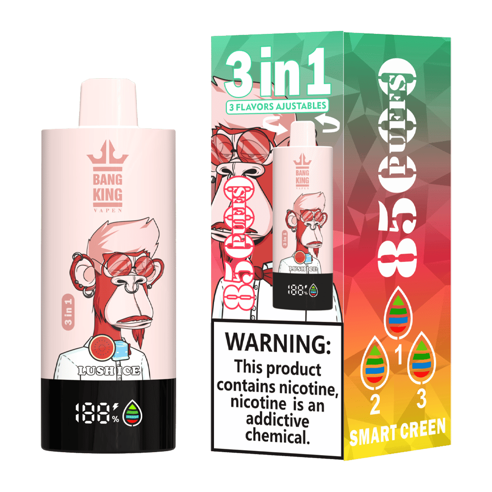 Bang King Vape device with cartoon monkey wearing red sunglasses on the body, showing 3 in 1 adjustable flavors and 185 puffs, next to colorful packaging with same monkey image, nicotine warning, and 3 flavor indicators numbered 1, 2, 3
