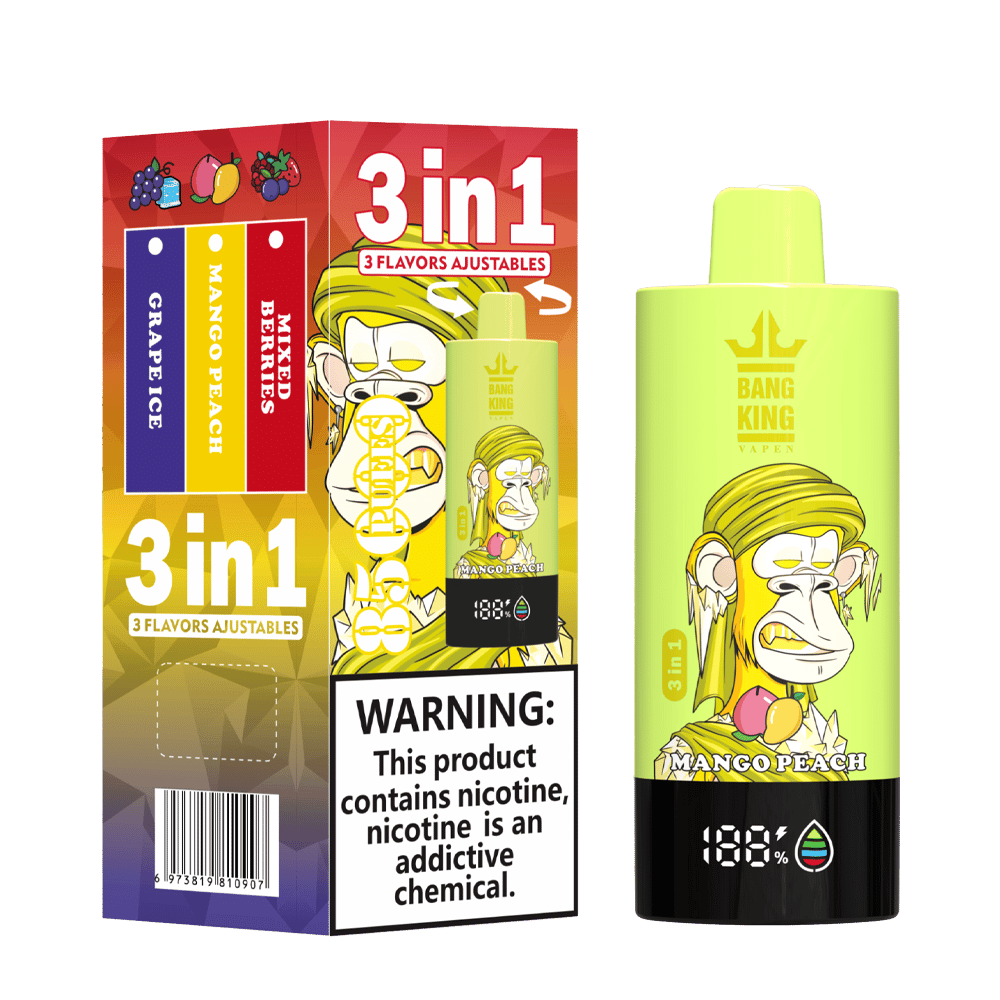 A 3-in-1 Bang King vape device and its colorful packaging featuring a stylized cartoon monkey with yellow hair, advertising adjustable flavors including Grape Ice, Mango Peach, and Mixed Berries, with a large nicotine warning label on the box.