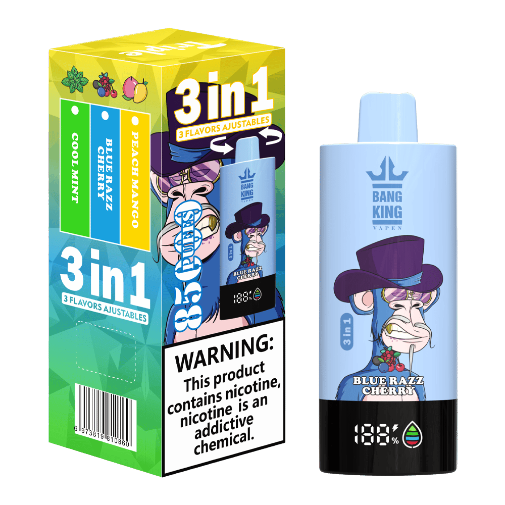 Bang King blue disposable vape with Blue Razz Cherry flavor, illustrated monkey wearing a purple top hat on light blue body, alongside the product's 3-flavor adjustable package showing Cool Mint, Blue Razz Cherry, and Peach Mango options with nicotine warning.