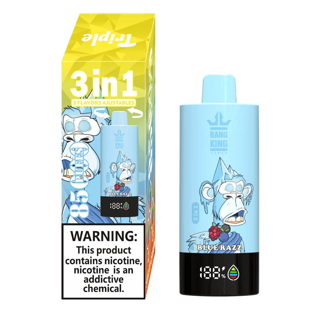 Blue disposable vape device named Bang King with a cartoon icy blue monkey and black base showing 188% and a droplet icon, alongside its colorful box featuring a 3-in-1 adjustable flavor warning label about nicotine addiction.