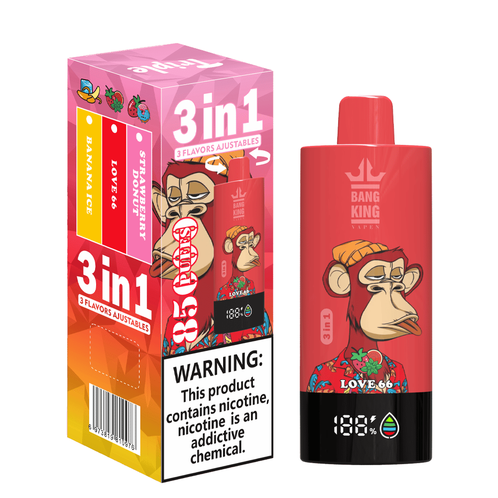 Red Bang King vape device with a cartoon monkey wearing a beanie and floral shirt, alongside its colorful packaging showing three adjustable flavors: Banana Ice, Love 66, and Strawberry Donut, with a nicotine warning label.