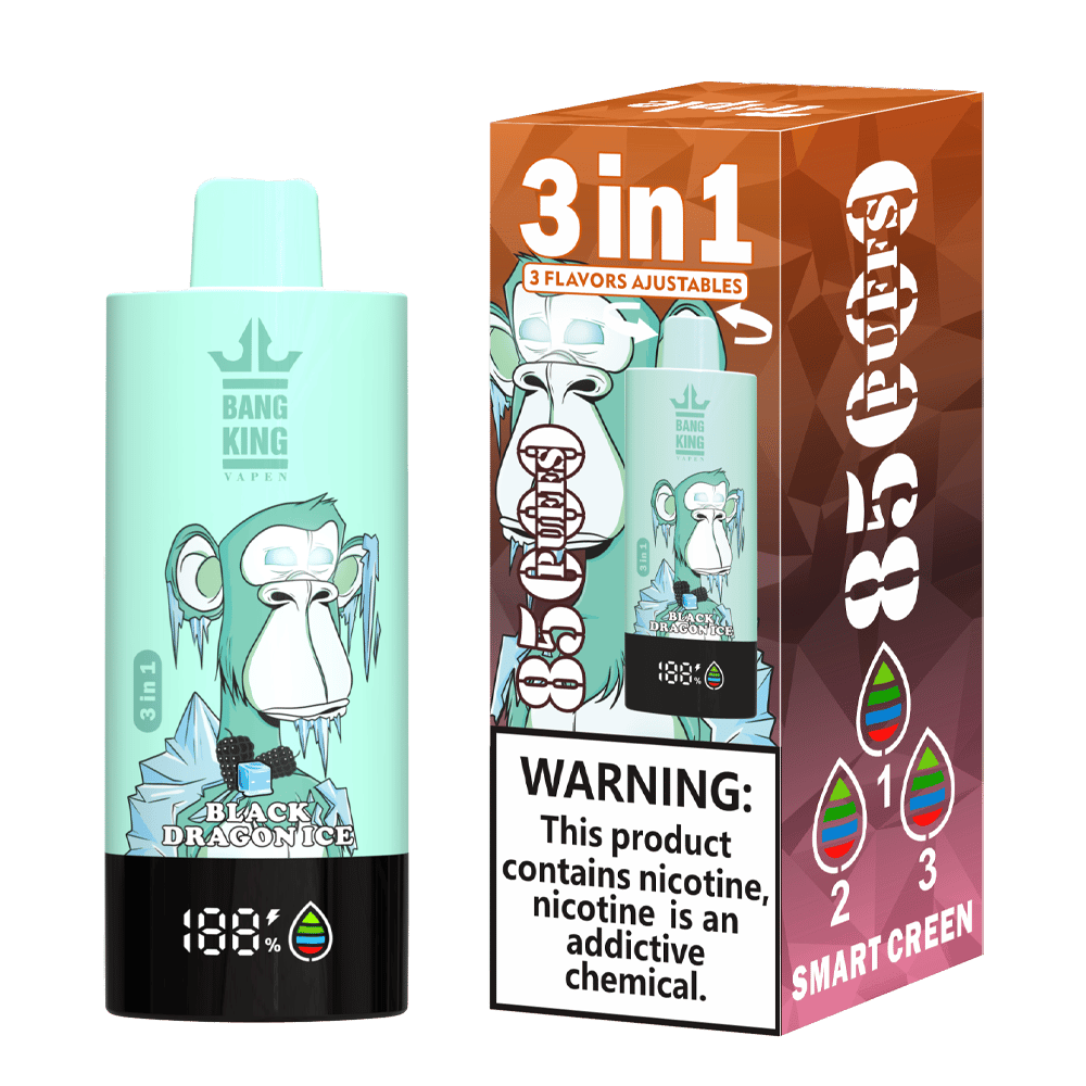 Mint green vape device with illustration of an icy monkey and text 'Black Dragon Ice', next to its brown and purple packaging box showing the same image, labeled '3 in 1', '85 Puffs', and nicotine warning.