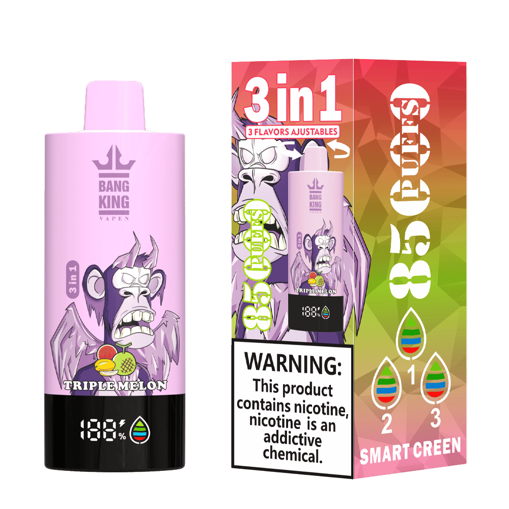 Pink vaping device labeled 'Bang King Vapen' with an angry cartoon monkey holding fruit, marked as '3 in 1' and 'Triple Melon', alongside its packaging highlighting '3 in 1', '3 flavors adjustable', '85 puffs', and a nicotine addiction warning.