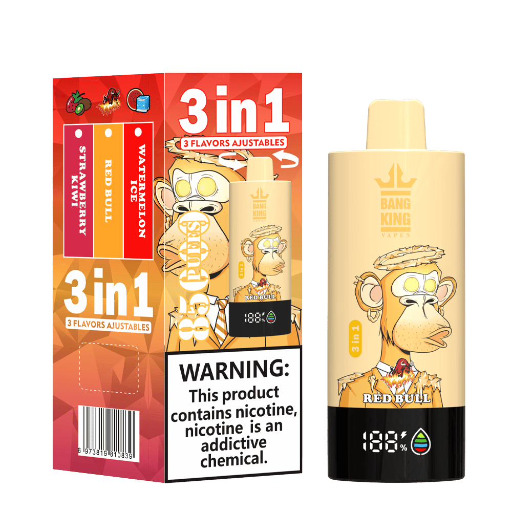 Bang King vape device and packaging featuring 3 adjustable flavors: strawberry kiwi, Red Bull, and watermelon ice, with a cartoon monkey wearing a suit and halo, and a nicotine warning label.