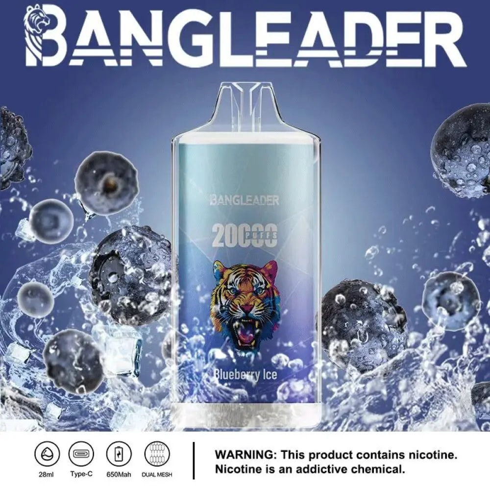 BANGLEADER disposable vape device labeled 'Blueberry Ice' with a colorful tiger graphic, surrounded by blueberries and splashing water, indicating the flavor; text at bottom warns nicotine addictiveness.