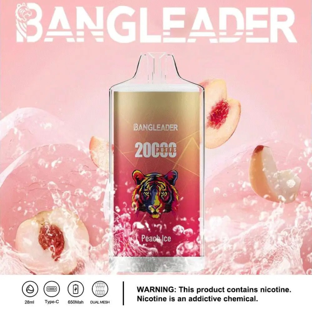 BANGLEADER disposable vape device with 20,000 puffs in peach ice flavor, featuring a colorful tiger illustration on a pink background with splashing water and peach slices, includes nicotine warning and product specifications icons.