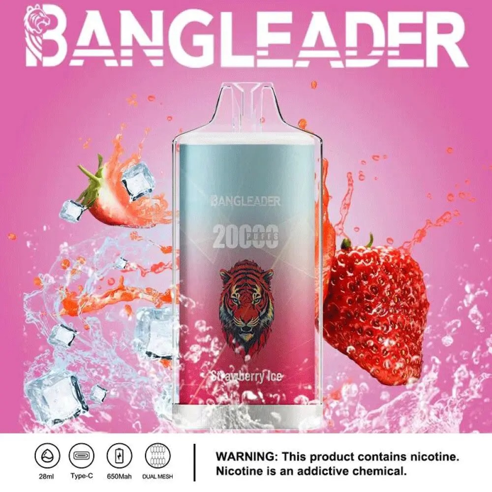 BANGLEADER branded vape device with a tiger logo, labeled for 20000 puffs in strawberry ice flavor, surrounded by splashes of water, ice cubes, and strawberries on a pink background with a nicotine warning below.