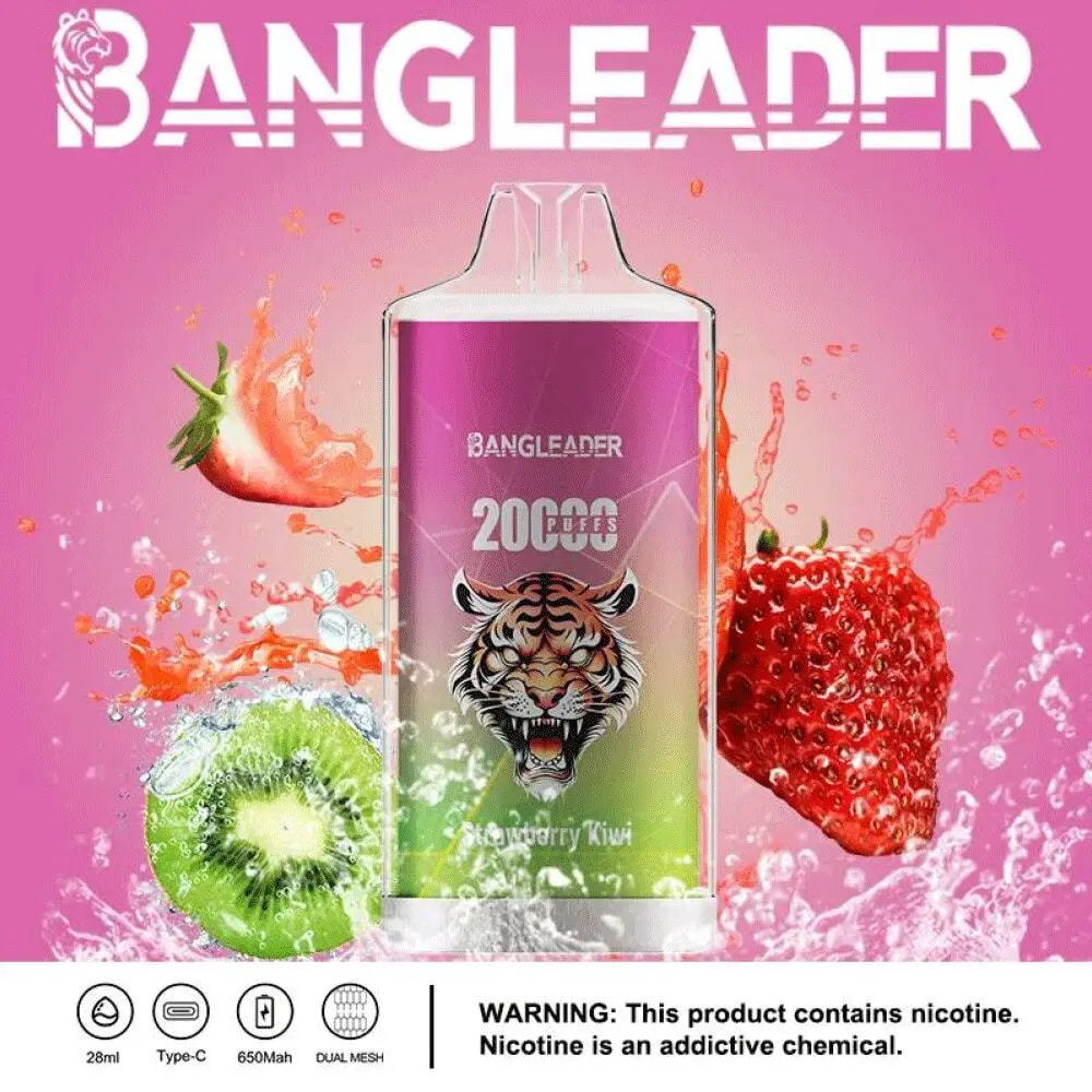 BANGLEADER vaping device with tiger logo and "20000 puffs" text, featuring strawberry and kiwi fruit splashing in water on a pink background, nicotine warning below.