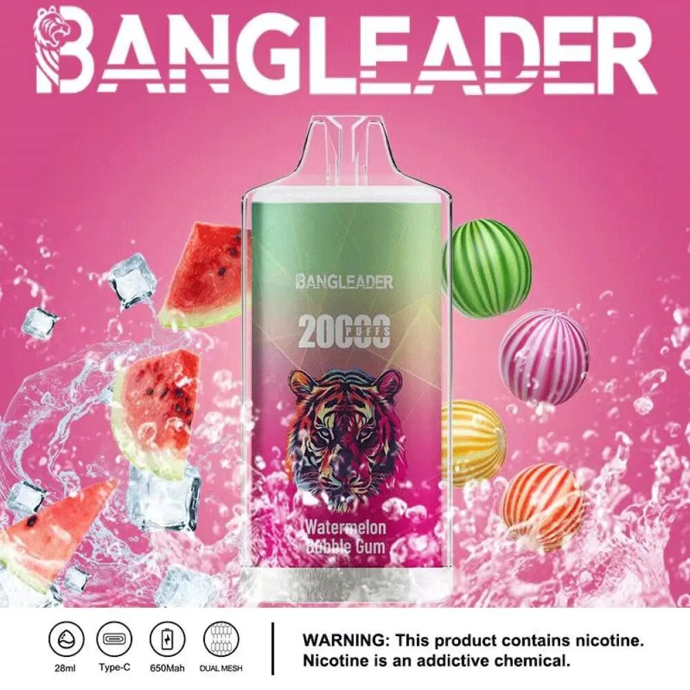 Colorful vape device labeled BANGLEADER with a tiger illustration, highlighting 20000 puffs and watermelon bubble gum flavor, surrounded by watermelon slices, candies, ice cubes, and splashing water on a pink background
