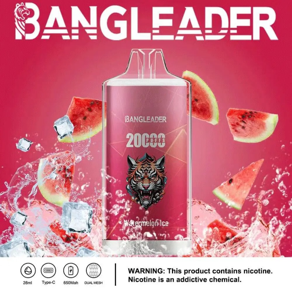Pink disposable vape device labeled Bangleader with tiger graphic, surrounded by splashes of water, ice cubes, and watermelon slices on a pink background, indicating watermelon ice flavor and 20,000 puffs capacity.