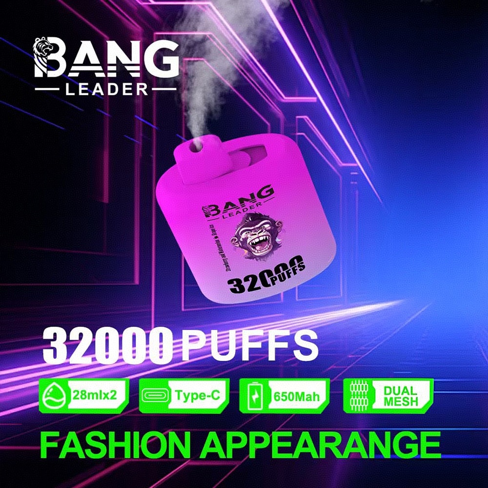 Advertising image of a purple Bang Leader vape device emitting vapor, highlighting 32,000 puffs, 28 ml e-liquid capacity, Type-C charging, 650 mAh battery, and dual mesh technology against a futuristic neon background