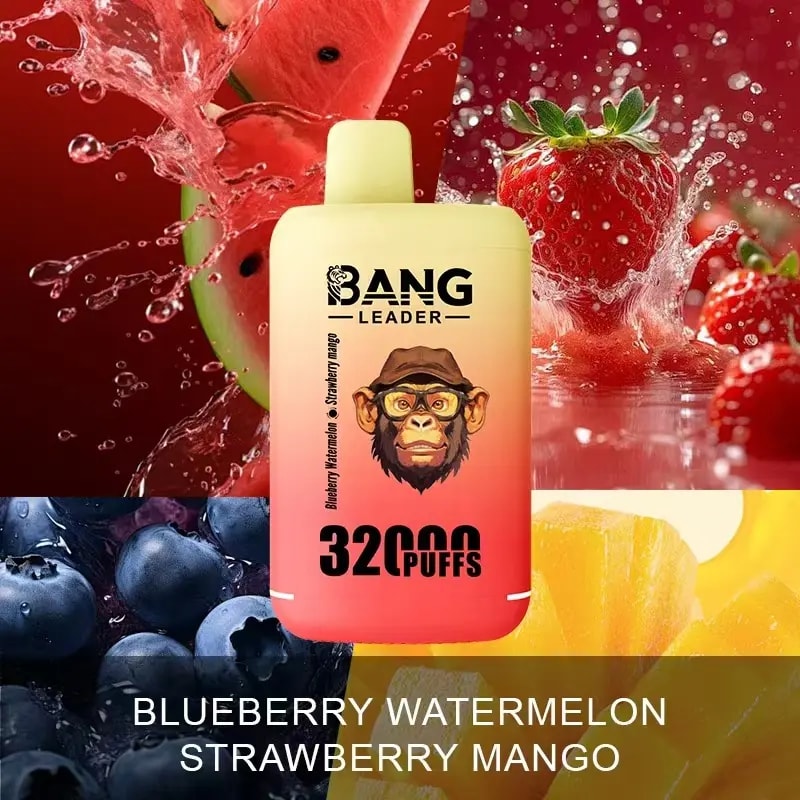 A Bang Leader disposable vape device labeled with blueberry watermelon strawberry mango flavor and 3200 puffs, placed in front of splashing images of watermelon, strawberry, blueberries, and mangoes on a red background.