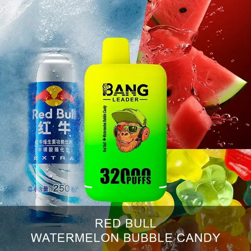 Two beverage containers side by side with a split background: left side shows a Red Bull can with Chinese characters on icy blue background, right side shows a bright yellow and green Bang Leader vape device with watermelon bubble candy flavor, set against splashing watermelon and gummy bears on a red and yellow background.