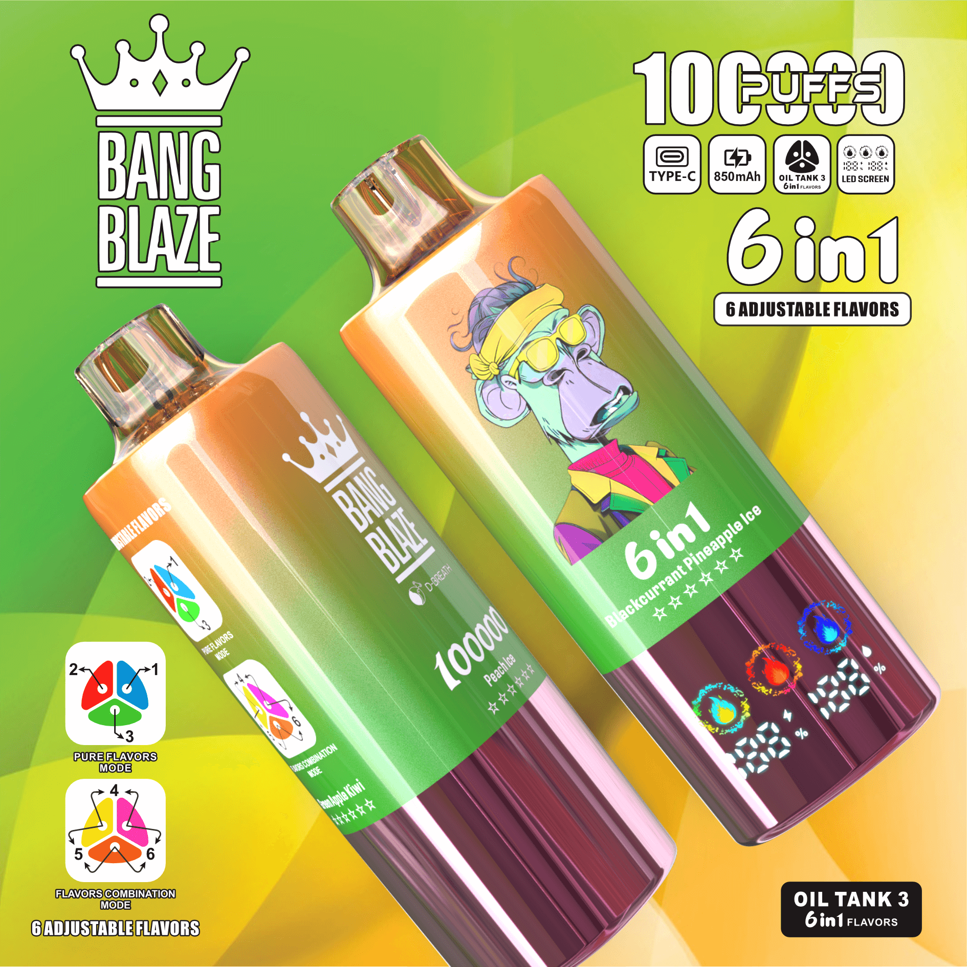 Two Bang Blaze disposable vape devices with gradient green, yellow, and purple colors, featuring a cartoon ape illustration and flavor indicators like Peach Ice and Blackcurrant Pineapple Ice, on a vibrant green and yellow background with product benefits and adjustable flavor modes displayed
