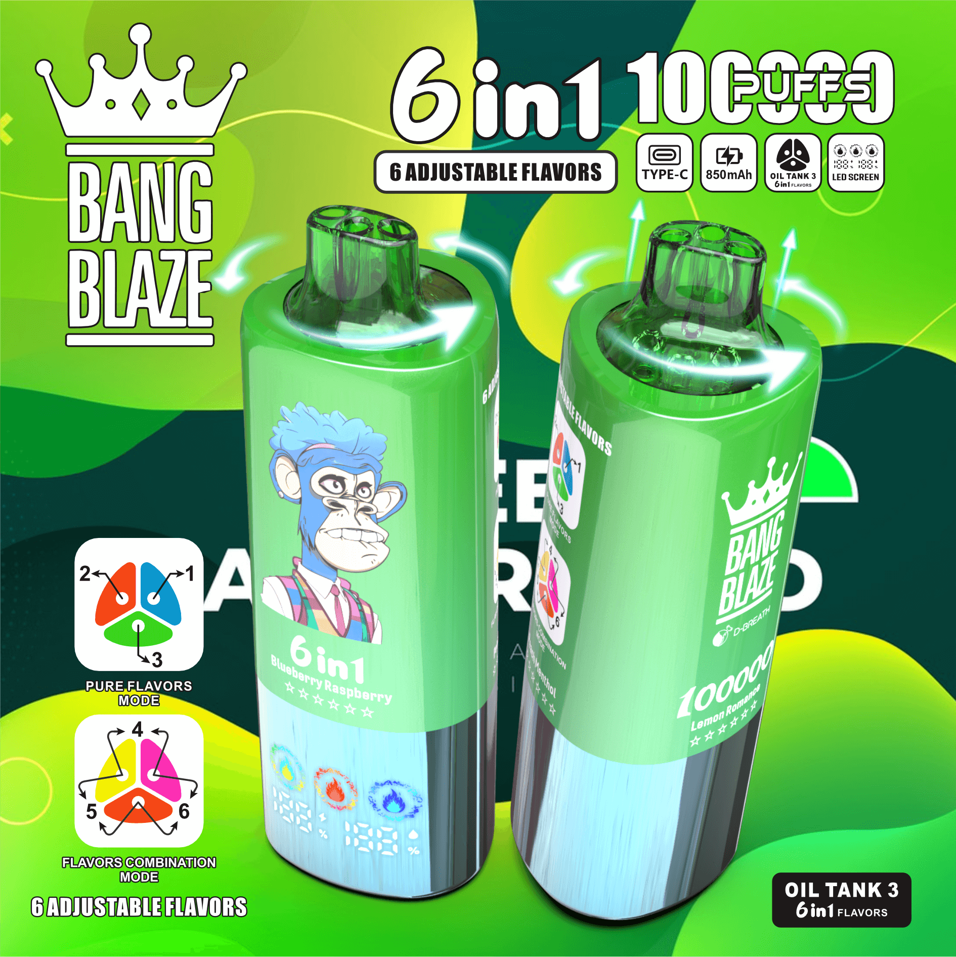 Two green Bang Blaze 6-in-1 flavored vape devices with blue monkey cartoon artwork, showing 6 adjustable flavors, 100,000 puffs capacity, type-C charging, 850mAh battery, oil tank with 3 flavor modes, and LED screens on a green and blue background.