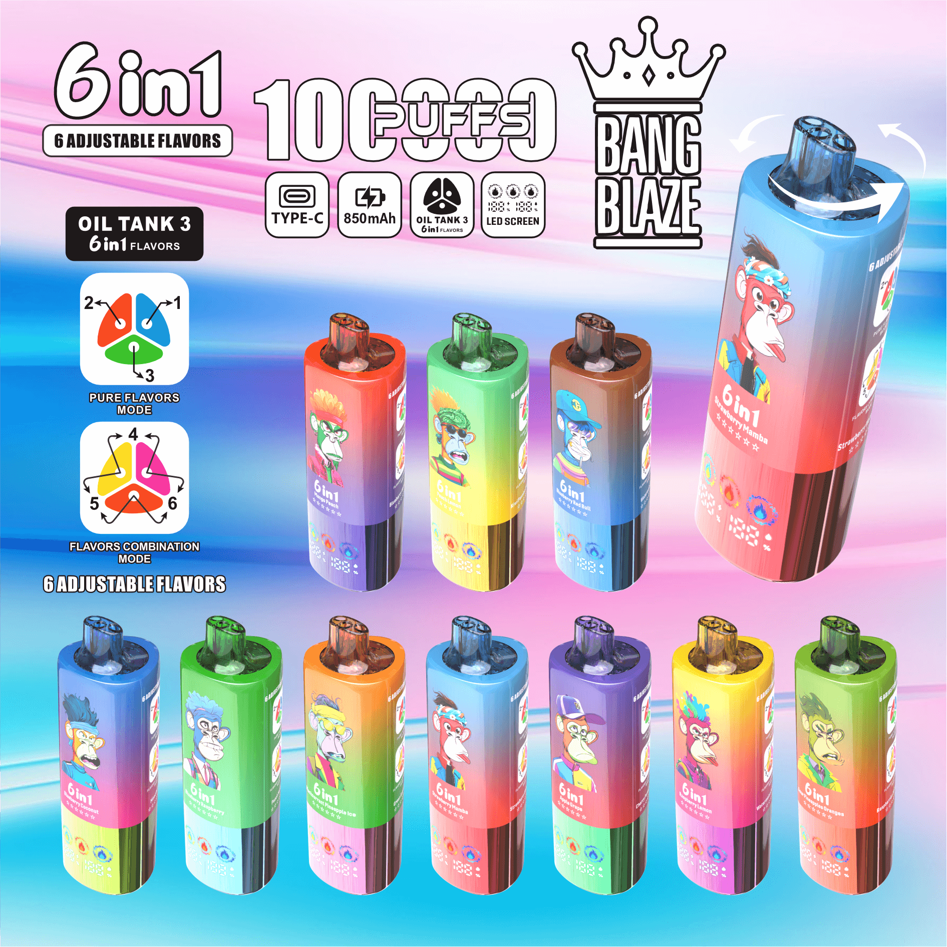 Ten colorful 6-in-1 adjustable flavor vape devices featuring cartoon monkey designs, displayed on a gradient background with product features including 10 puffs, Type-C charging, 850mAh battery, oil tank 3 technology, LED screen, and Bang Blaze branding.