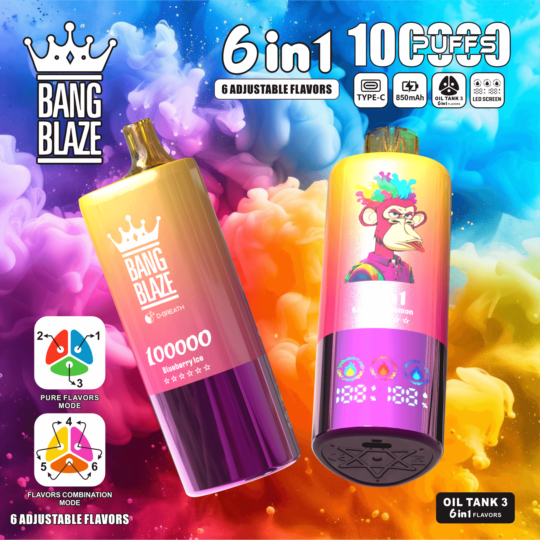 Two colorful Bang Blaze vape devices against a vibrant, smoky background; one device labeled '100000 Blueberry Ice' showing purple and yellow gradient, the other with a cartoon monkey illustration shows digital displays and symbols indicating 6 adjustable flavors, 100 PUFFS, USB Type-C, 850mAh battery, and Oil Tank 3 technology.