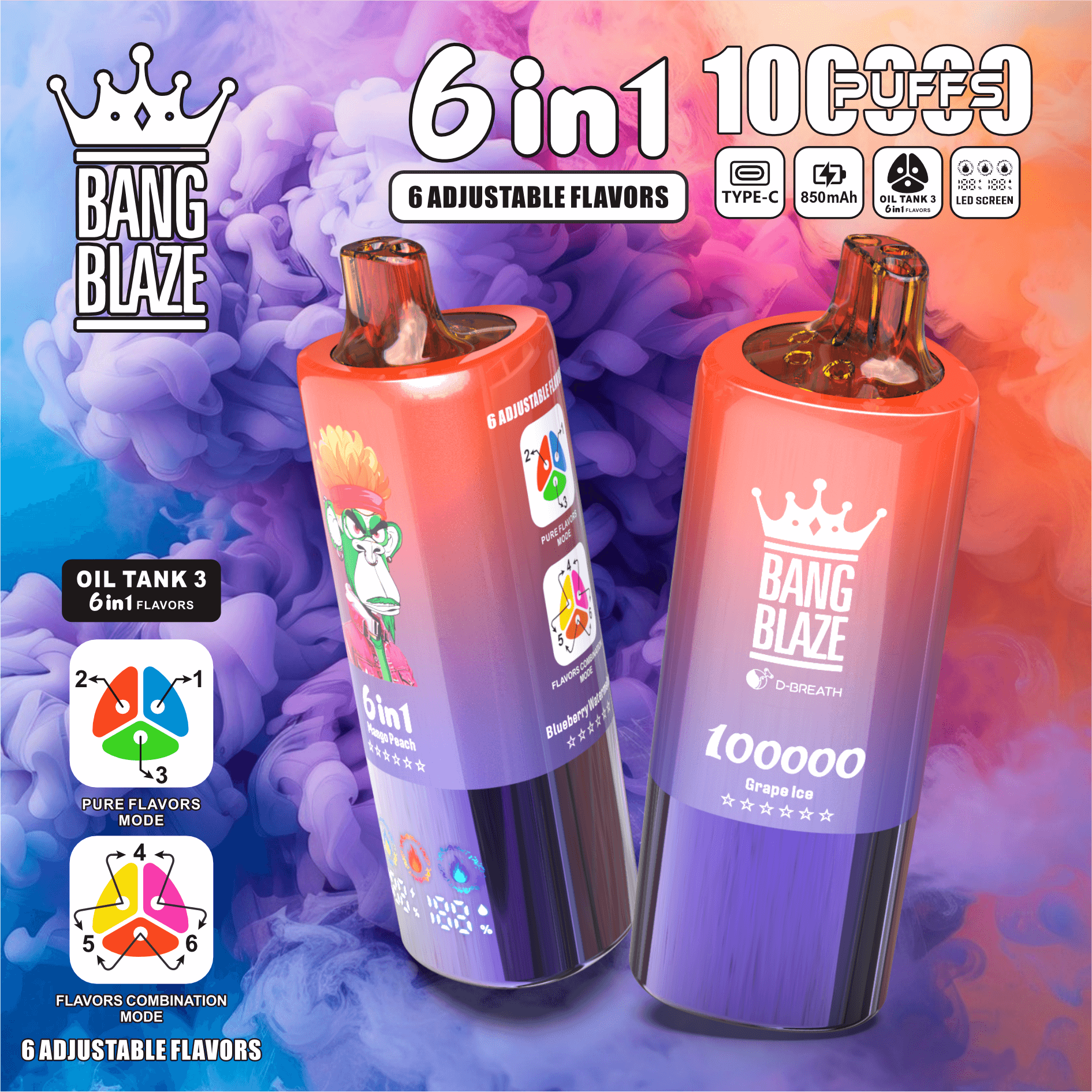 Two gradient purple and orange disposable vaping devices standing upright against a smoky blue, purple, and orange background, displaying branding 'Bang Blaze' and features text including '6 in 1', '10000 puffs', '6 adjustable flavors', and icons for Type-C charging, 850mAh battery, 6-in-1 oil tank, and LED screen.