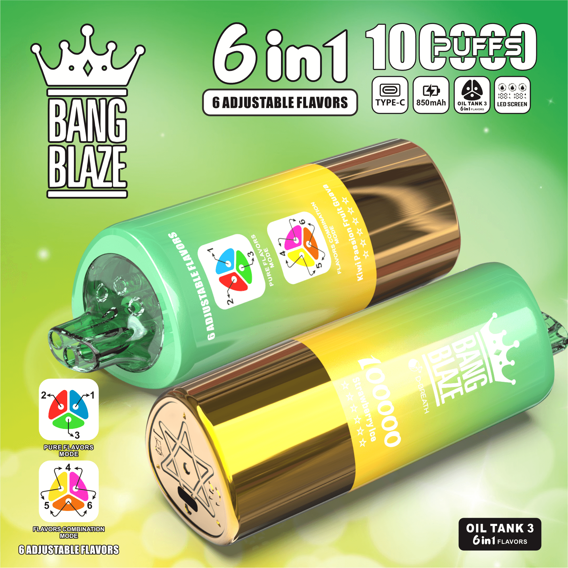 Two cylindrical Bang Blaze vaping devices in green and gold gradient with mouthpieces and markings for 6 adjustable flavors, placed on a green gradient background with icons indicating 6 in 1 adjustable flavors, 100 puffs, Type-C charging, 850mAh battery, oil tank with 3 tanks and LED screen.