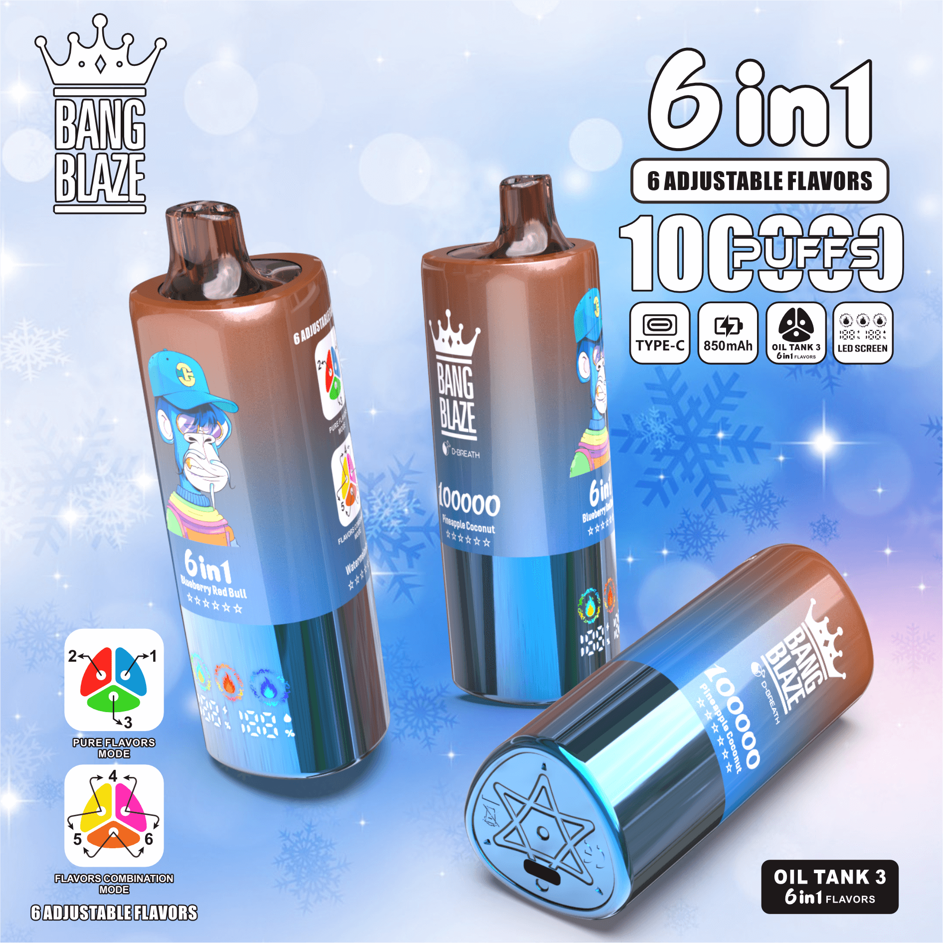 Three Bang Blaze 6-in-1 disposable vape devices with blue and brown gradient design, featuring a cartoon monkey wearing a cap, displayed against a snowy blue background, highlighting features like 100000 puffs, 6 adjustable flavors, Type-C charging, 850mAh battery, Oil Tank 3 technology, and LED screen.