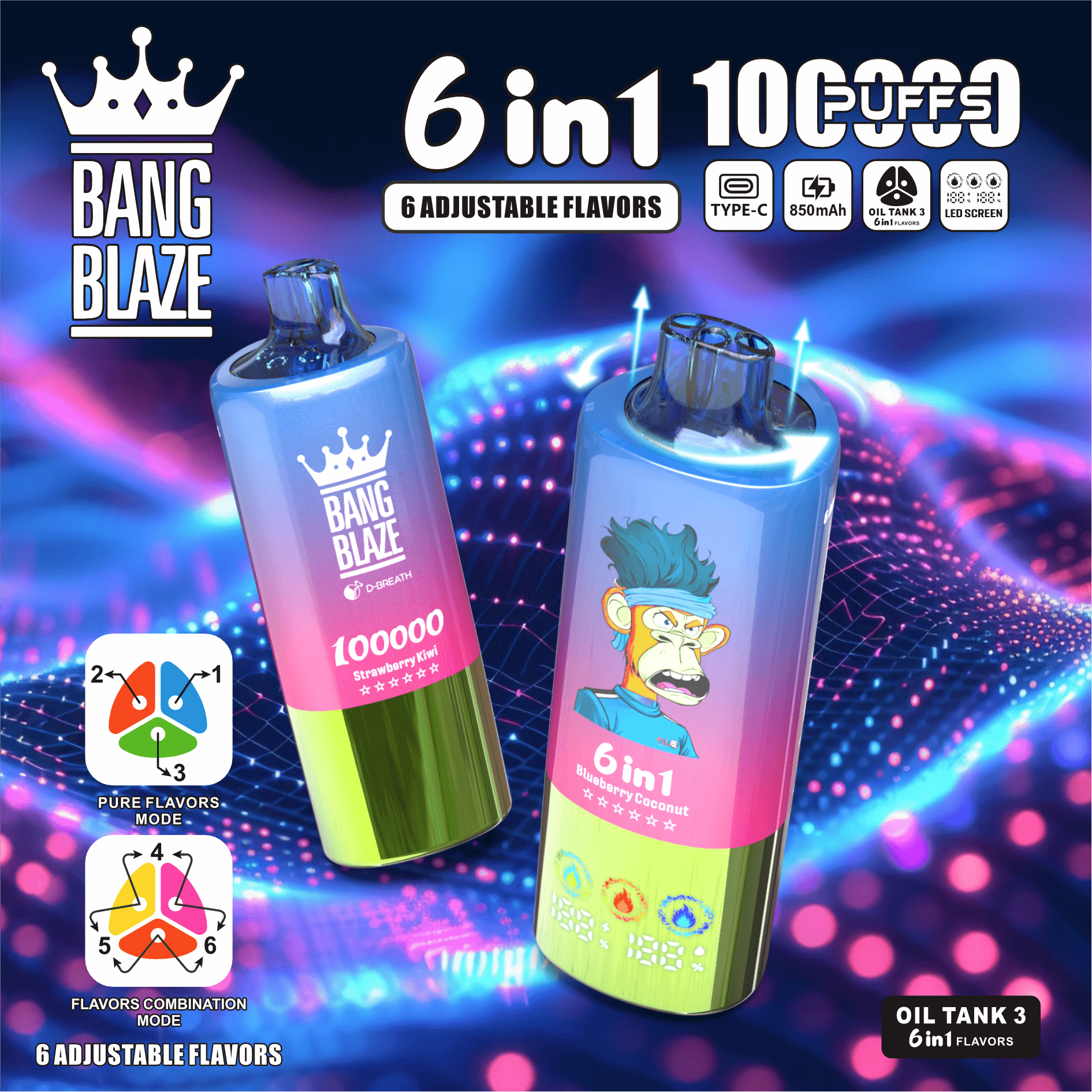 Two cylindrical vape devices with gradient color from blue to pink to green, featuring 'Bang Blaze' branding and a cartoon monkey graphic, set against a blue and purple abstract digital background with text highlighting features like '6 in 1', '100000 puffs', '6 adjustable flavors', and icons for Type-C charging, 850 mAh battery, and LED screen.
