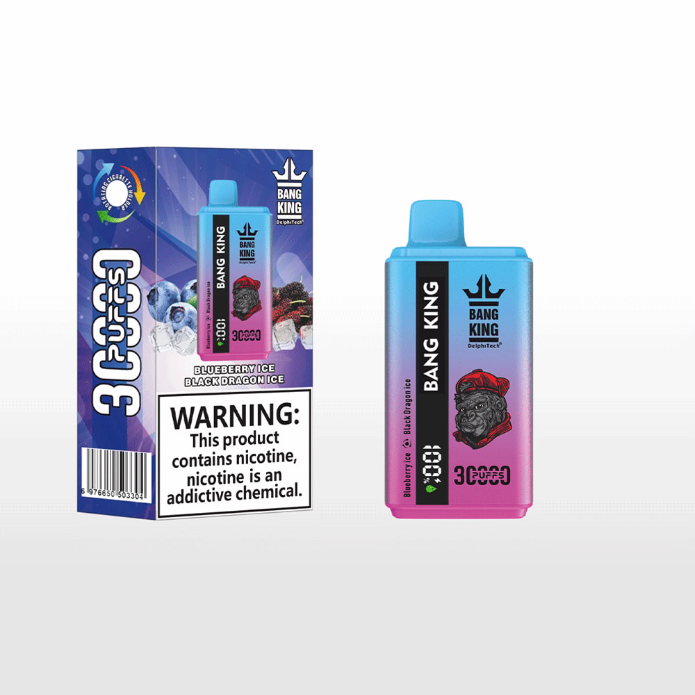 Disposable Bang King vaping device and its box with blueberry ice and black dragon ice flavors, warning label about nicotine addiction, and 3000 puffs indicated