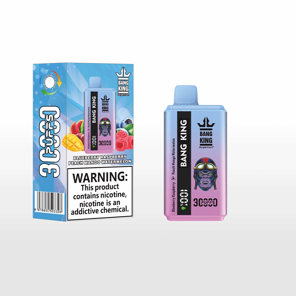Bang King disposable vape device and packaging with blueberry raspberry peach mango watermelon flavor, featuring a purple and blue color gradient and a gorilla wearing goggles illustration.